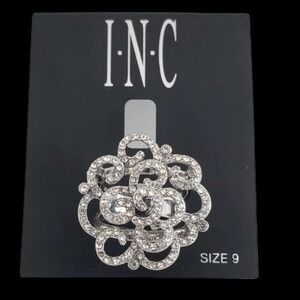 INC Women's Silver-Tone Faux Crystal Pave Rose Statement Ring Sz 9 New with Tag
